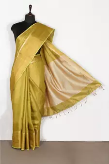 yellow Handloom pure Tissue Linen Saree with blouse piece