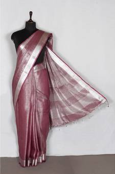 purple Handloom pure Tissue Linen Saree with blouse piece