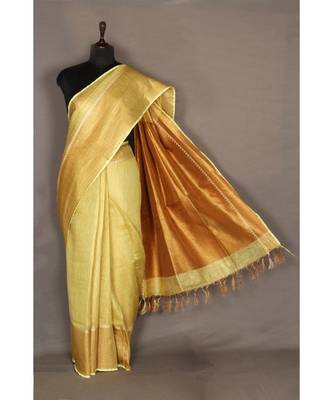 yellow Handloom pure Tissue Linen Saree with blouse piece 1
