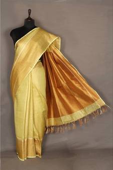 yellow Handloom pure Tissue Linen Saree with blouse piece