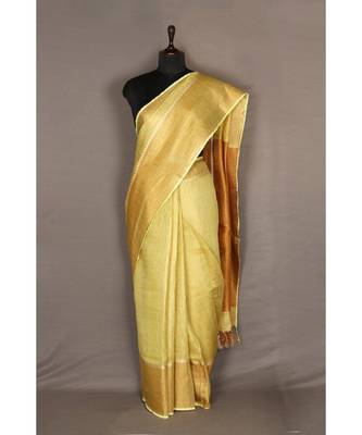 yellow Handloom pure Tissue Linen Saree with blouse piece 2
