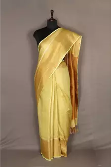 yellow Handloom pure Tissue Linen Saree with blouse piece