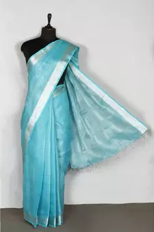 blue Handloom pure Tissue Linen Saree with blouse piece