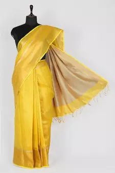 yellow Handloom pure Tissue Linen Saree with blouse piece