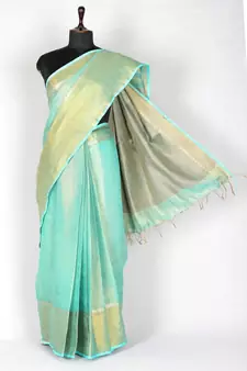 blue Handloom pure Tissue Linen Saree with blouse piece