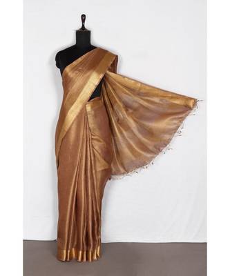 brown Handloom pure Tissue Linen Saree with blouse piece 1