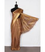 brown Handloom pure Tissue Linen Saree with blouse piece