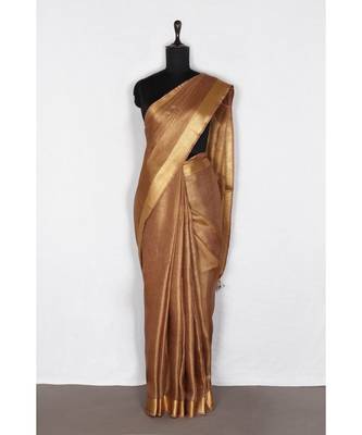brown Handloom pure Tissue Linen Saree with blouse piece 2