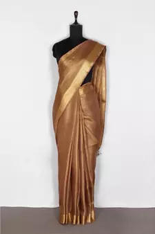 brown Handloom pure Tissue Linen Saree with blouse piece