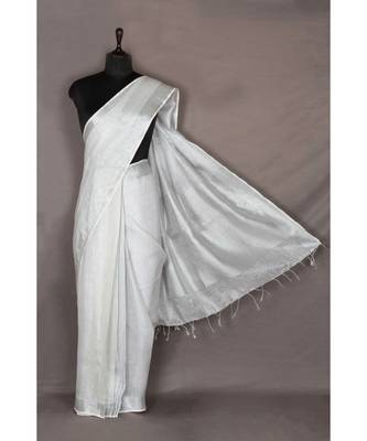 white Handloom pure Tissue Linen Saree with blouse piece 1
