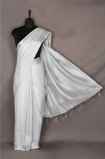 white Handloom pure Tissue Linen Saree with blouse piece