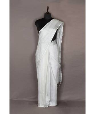 white Handloom pure Tissue Linen Saree with blouse piece 2