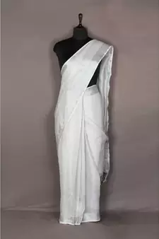 white Handloom pure Tissue Linen Saree with blouse piece