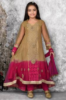 Gold embroidered net girls-top-bottom