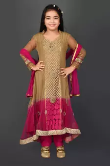 Gold embroidered net girls-top-bottom
