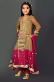 Gold embroidered net girls-top-bottom