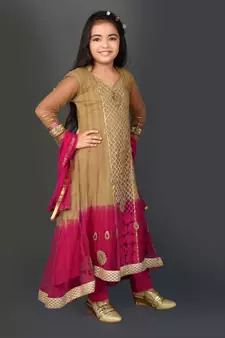 Gold embroidered net girls-top-bottom