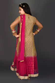 Gold embroidered net girls-top-bottom