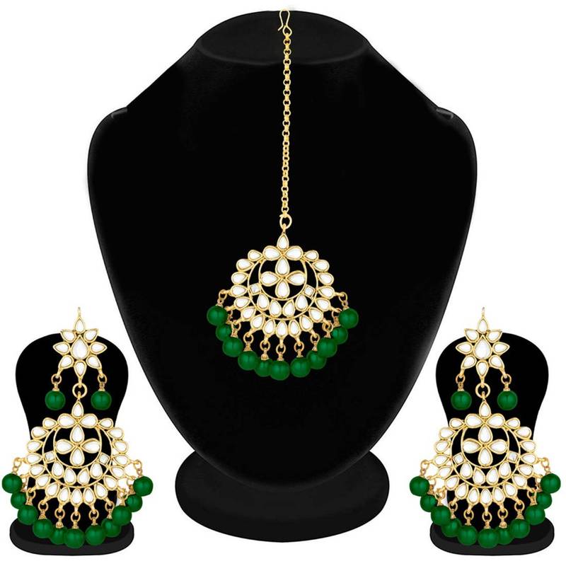 Traditional Gold Plated Pearl & Kundan Maang Tikka With Earring Set