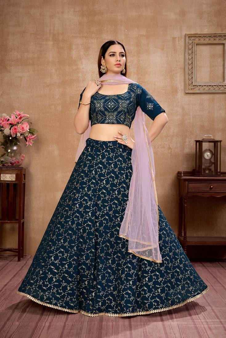 Blue embroidered georgette semi stitched lehenga