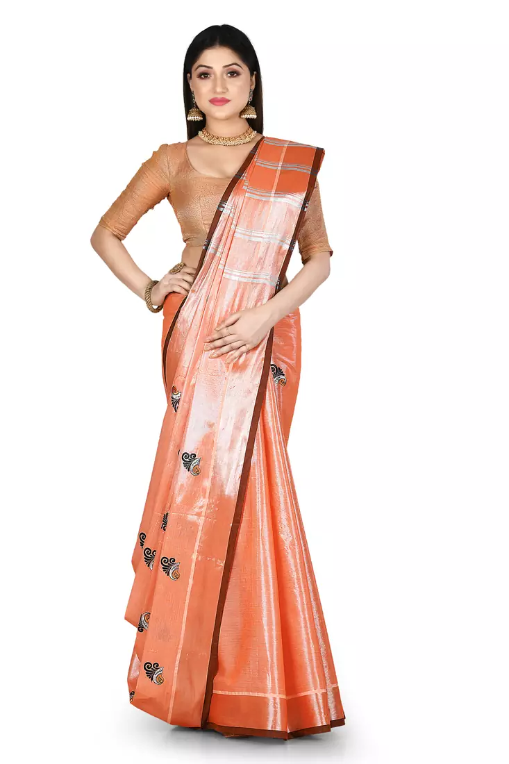 Orange woven cotton saree with blouse