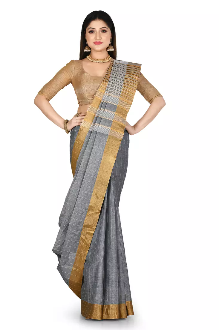 Grey woven cotton saree with blouse