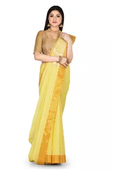 Yellow woven cotton saree with blouse
