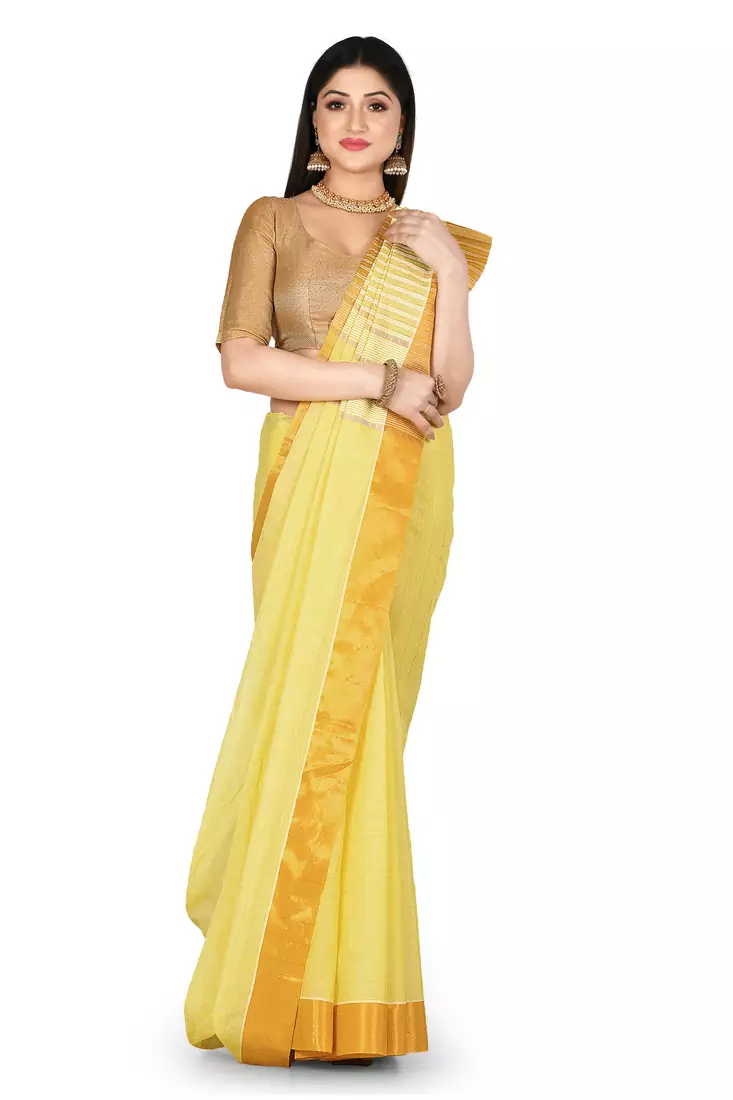 Yellow woven cotton saree with blouse