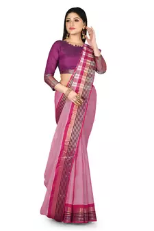 Pink woven cotton saree with blouse