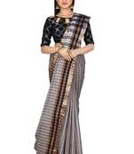 Navy blue woven cotton saree with blouse