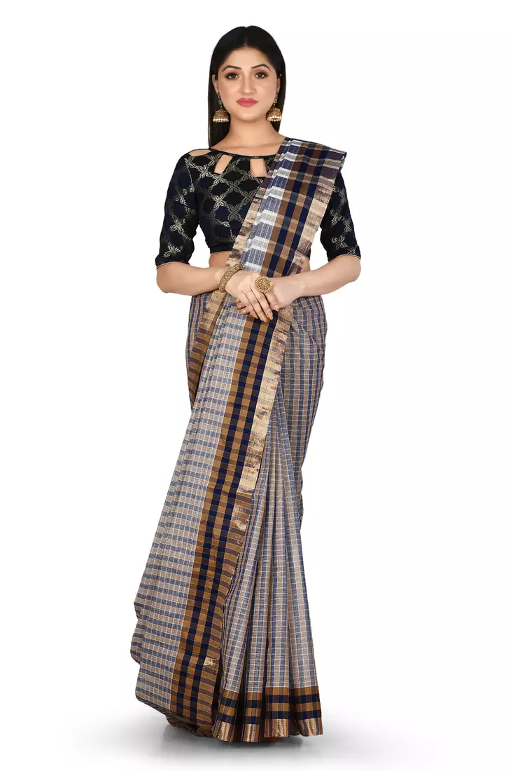 Navy blue woven cotton saree with blouse