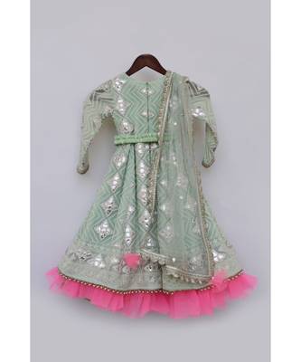 Green Floral Print Jacket With Pink Kurta And Dupatta 3