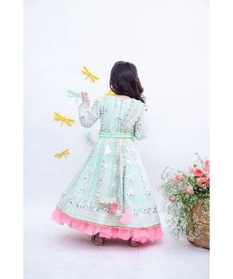 Green Floral Print Jacket With Pink Kurta And Dupatta 4
