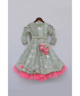 Green Floral Print Jacket With Pink Kurta And Dupatta 1