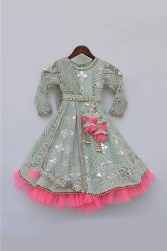 Green Floral Print Jacket With Pink Kurta And Dupatta