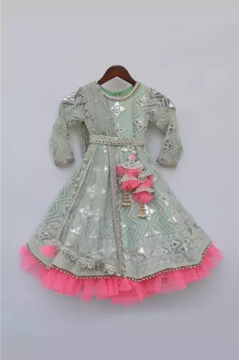 Green Floral Print Jacket With Pink Kurta And Dupatta