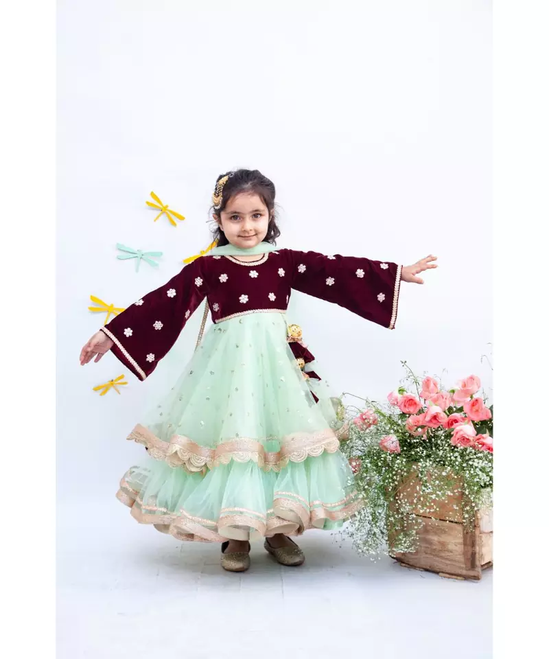 Maroon Yoke with Pista Green Net Anarkali
