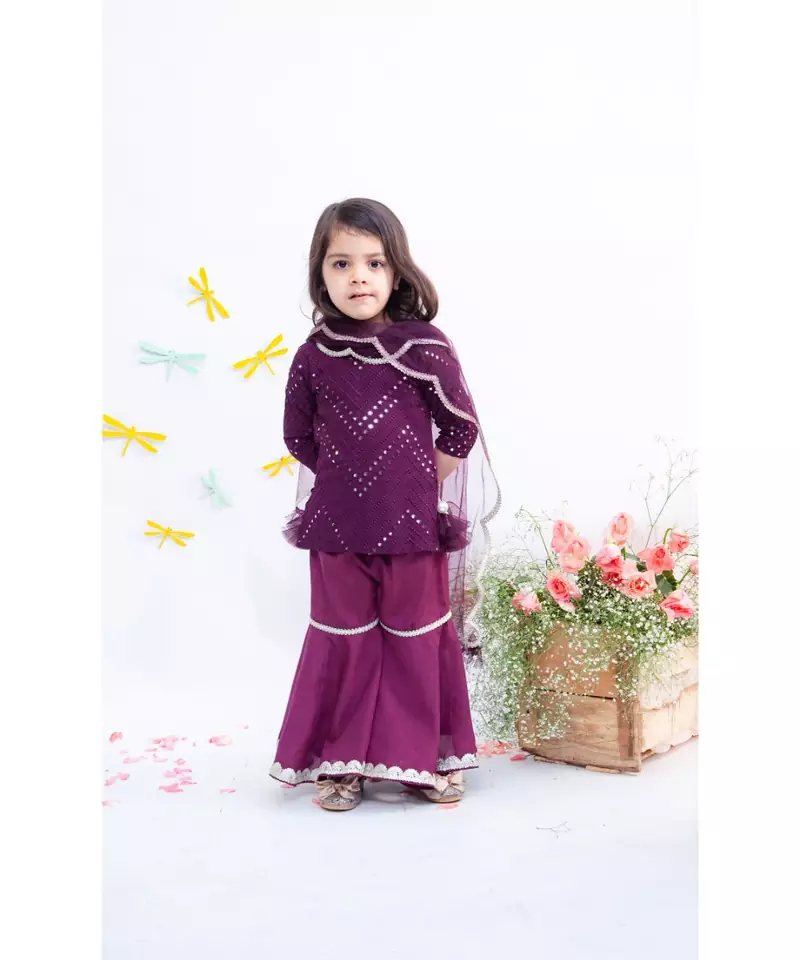Wine Mirror and Thread work Kurti and Sharara