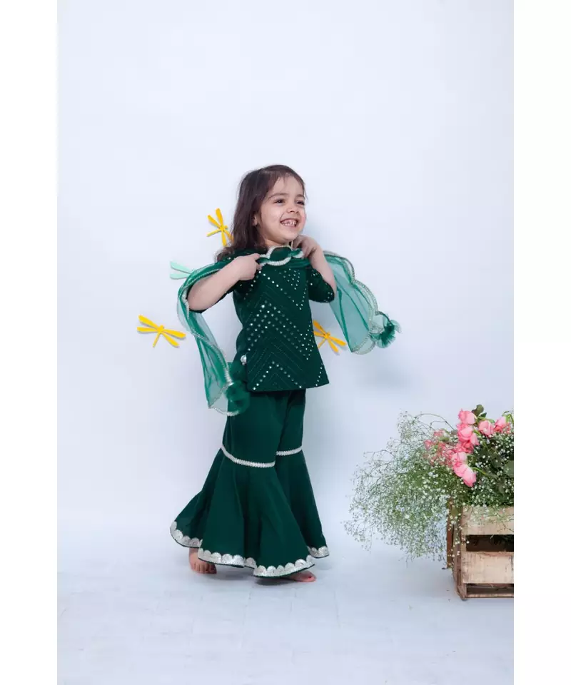 Green Mirror and Thread work Kurti and Sharara