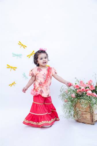 Peach Print with Coral Sharara Set