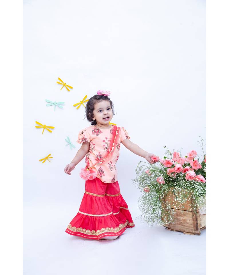 Peach Print with Coral Sharara Set