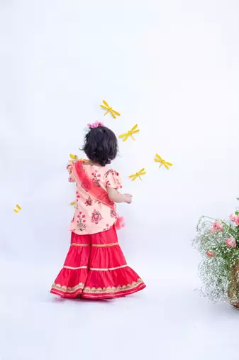 Peach Print with Coral Sharara Set