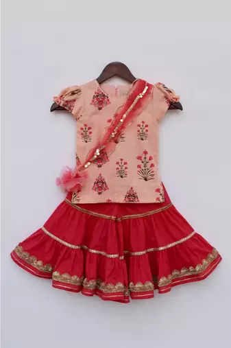 Peach Print with Coral Sharara Set