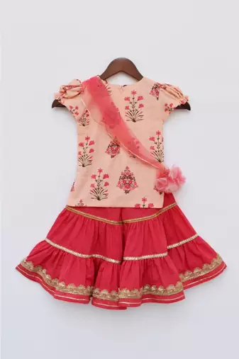Peach Print with Coral Sharara Set