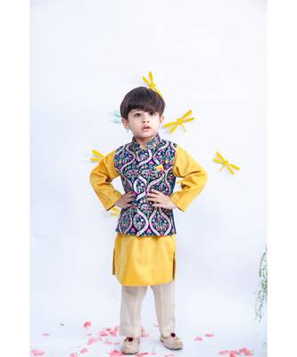 Blue Velvet Embroidered Nehru Jacket with Kurta Set For Boys 2