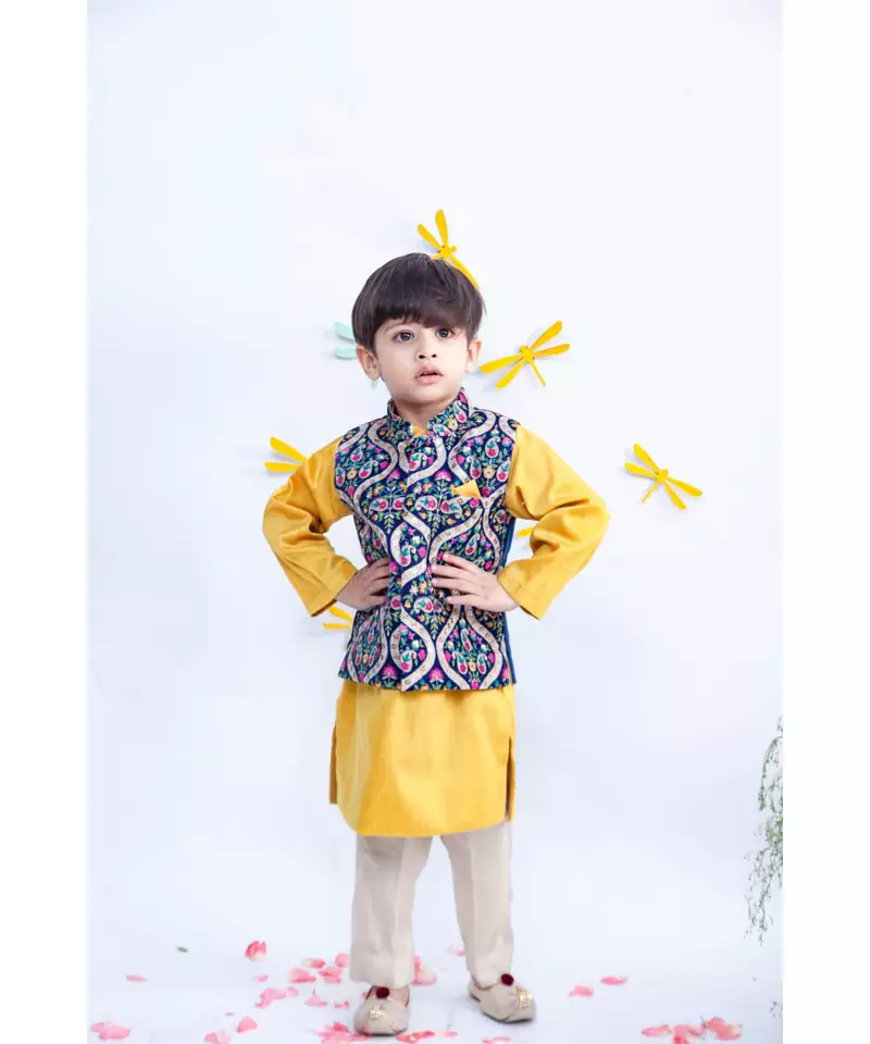 Blue Embroidery Velvet Nehru Jacket with kurta and Pant