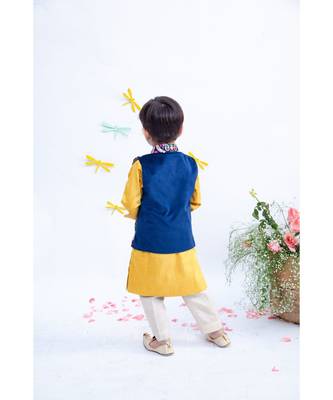 Blue Velvet Embroidered Nehru Jacket with Kurta Set For Boys 3