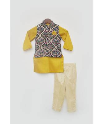 Blue Velvet Embroidered Nehru Jacket with Kurta Set For Boys 4