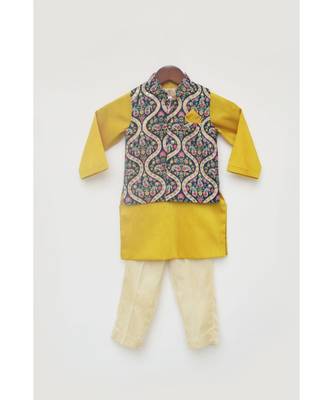 Blue Velvet Embroidered Nehru Jacket with Kurta Set For Boys 1