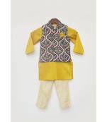 Blue Velvet Embroidered Nehru Jacket with Kurta Set For Boys